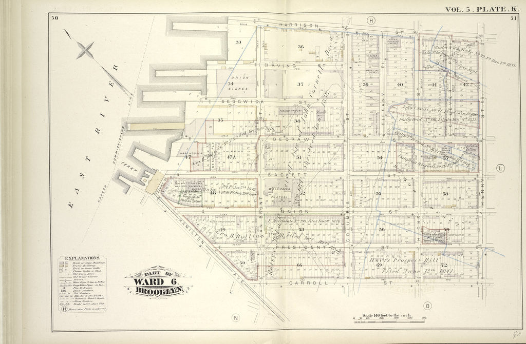 Detail of Map bound by Harrison St., Henry St., Carroll St., Hamilton Ave., East River; Including Irving St., Sedgwick St., Degraw St., Sackett St., Union St., President St., Beach Pl., Van Brunt St., Columbia St., Tiffany Pl., Hicks St., Cheeve, New York by Anonymous