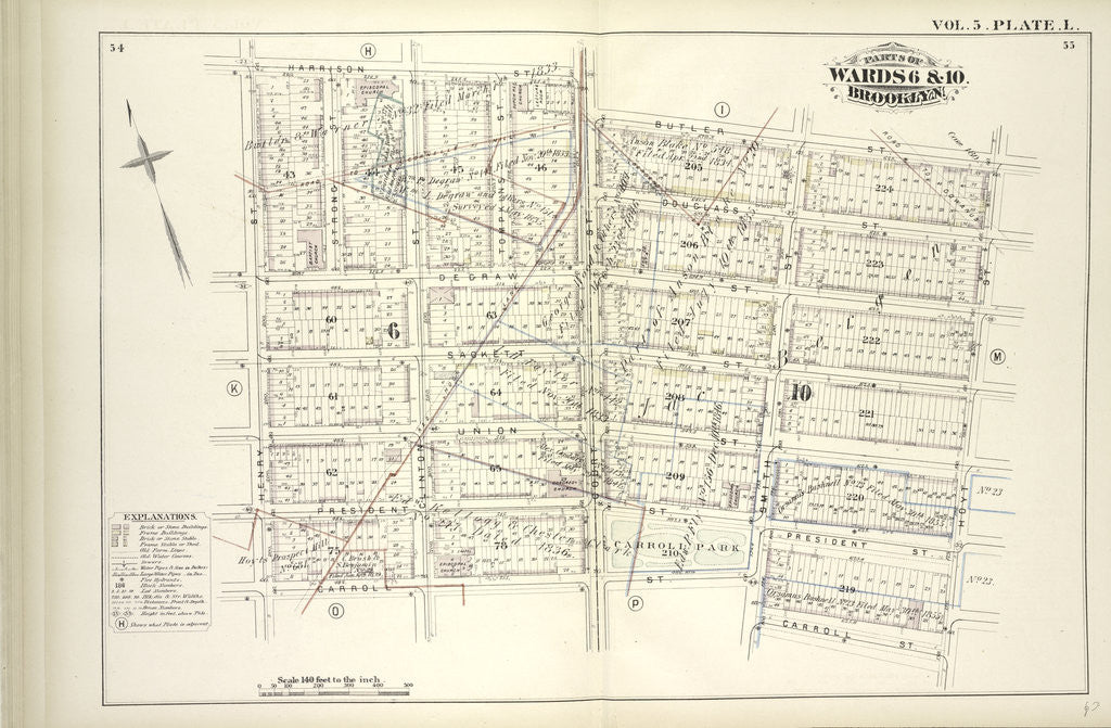Detail of Map bound by Harrison St., Court St., Butler St., Hoyt St., Carroll St., Smith St., Henry St; Including Degraw St., Sackett St., Union St., President St., Clinton St., Tompkins St., New York by Anonymous