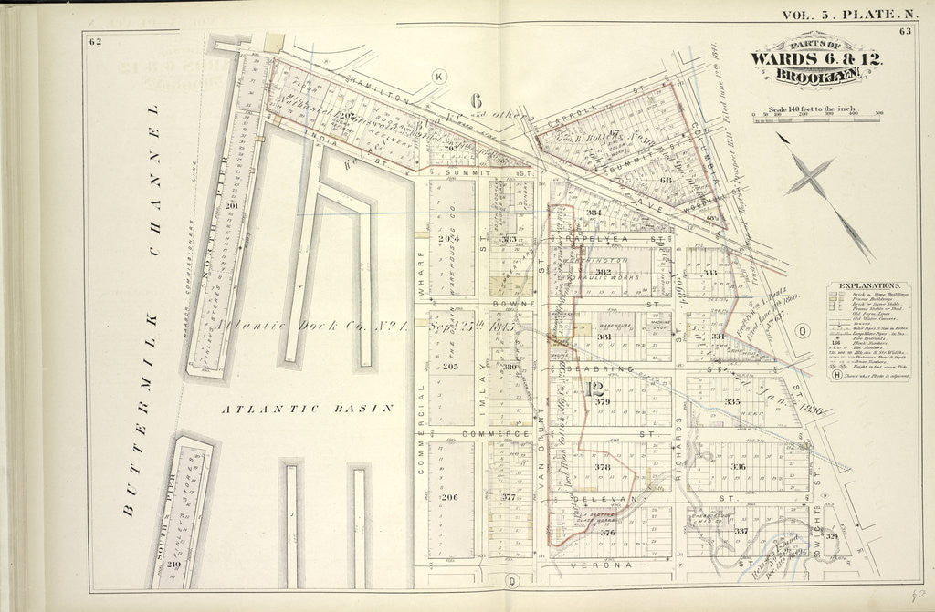 Detail of Map bound by Hamilton Ave., Carroll St., Columbia St., Verona St., East River; Including India St., Atlantic Basin, Summit St., Rapelyea St., Woodhull St., Bowne St., Seabring St., Commerce St., Delevan St., North Pier, South Pier, Com., New York by Anonymous