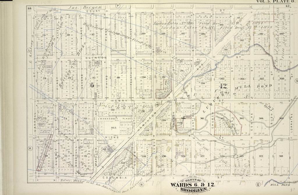Detail of Map bound by Court St., Lorraine St., Columbia St., Carroll St; Including Clinton St., Henry St., Manhasset Place, Hicks St., Hamilton Ave., First Place, Summit St., Second Place, Woodhull St., Third Place, Papelye St., Fourth Place, New York by Anonymous