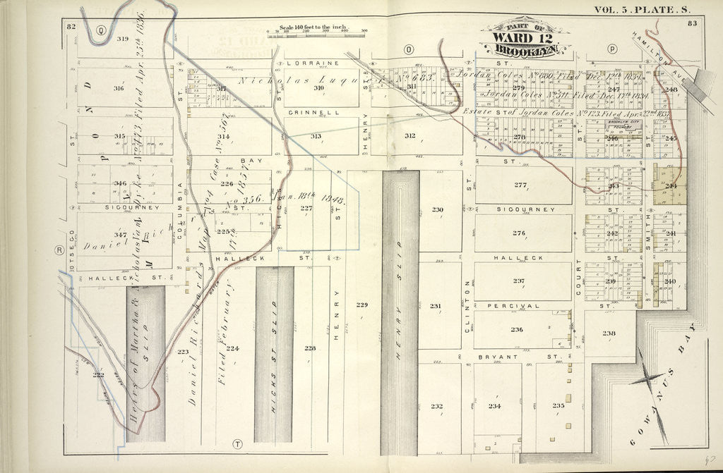 Detail of Map bound by Lorraine St., Hamilton Ave., Gowanus Bay, Otsego St; Including Crinnell St., Bay St., Sigourney St., Halleck St., Percival St., Bryant St., Columbia St., Hicks St., Hicks St. Slip Henry St., Henry Slip, Clinton St., Court., New York by Anonymous