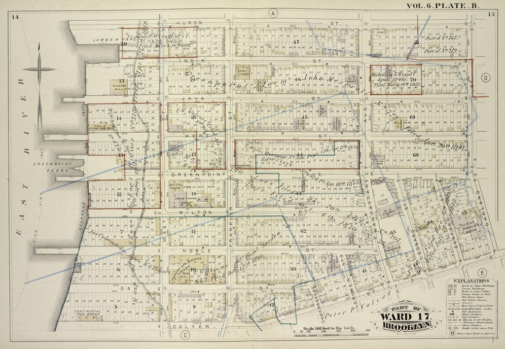 Detail of Map bound by Huron St., Oakland St., Calyer St., East River; Including India St., Java St., Kent St., Green Point St., Milton St., Noble St., Oak St., West St., Franklin St., Guernsey St., Lorimer St., Manhattan Ave by Anonymous