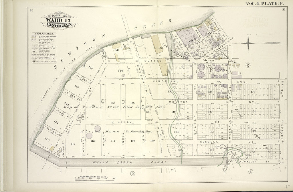 Detail of Map bound by Newtown Creek, Charlick St., Bridgewater St., Meserole Ave., Kingsland Ave., Norman Ave., Humboldt St., Whale Creek Canal; Including Sutton St., Wallock St., Leyden St., Monitor St., Henry Pl., N. Henry St., Holland St., R., New York by Anonymous