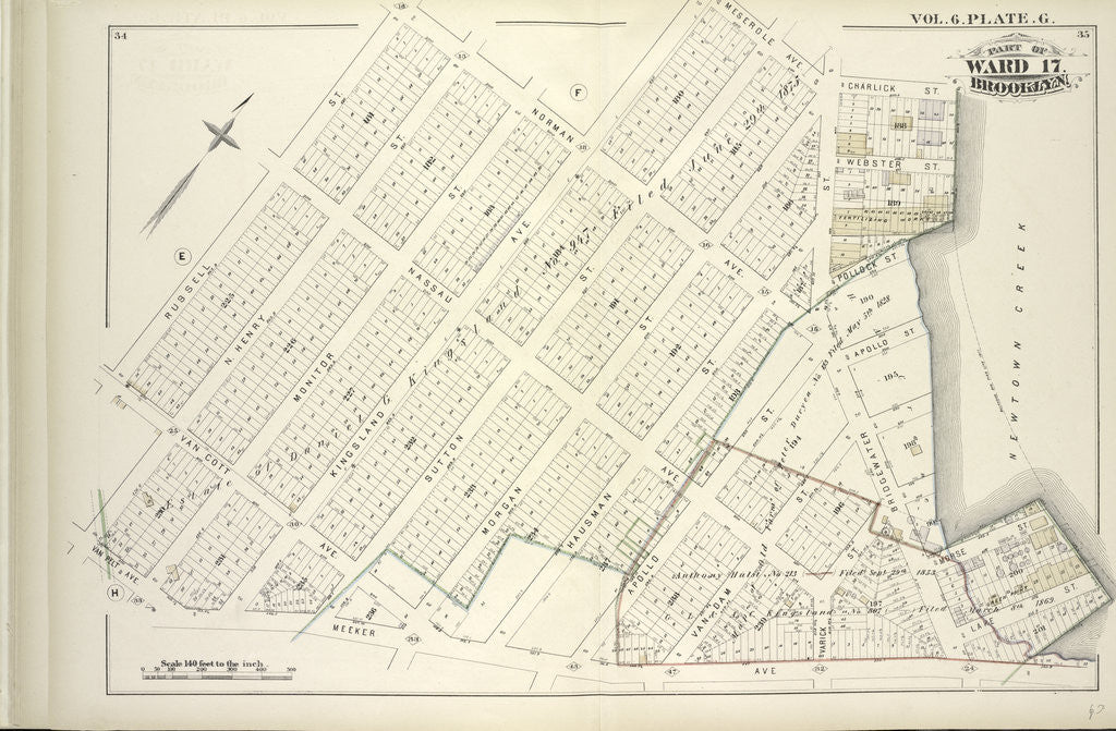 Detail of Map bound by Norman Ave. Kingsland Ave., Meserole Ave., Charlick St., Newtown Creek, Meeker Ave., Van Pelt Ave., N. Henry St., Van Cott Ave., Russell St; Including Webster St., Pollock St., Nassau Ave., Monitor St., Sutton St., Morgan., New York by Anonymous
