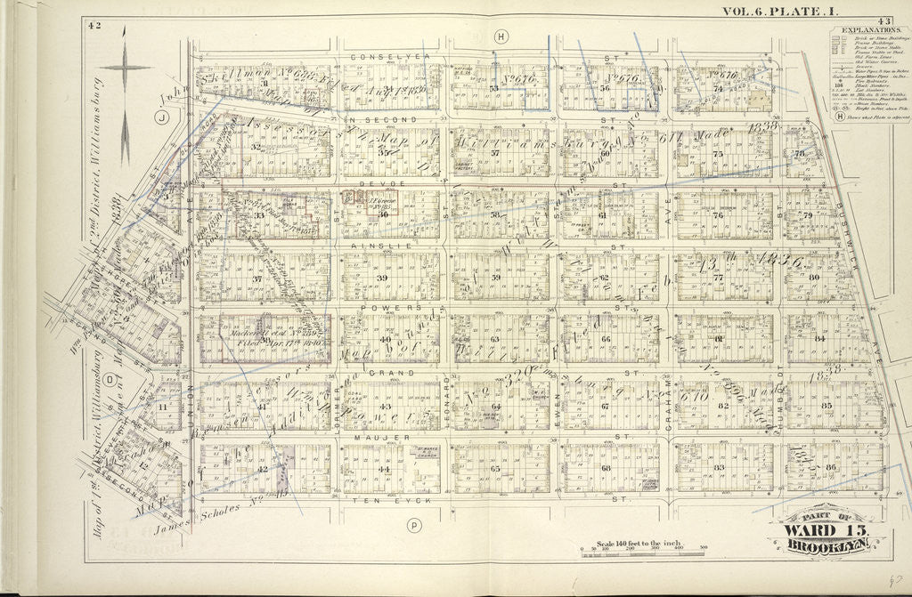 Detail of Map bound by Conselyea St., Bushwick Ave., Ten Eyck St., S. Second St., Eleventh St., Grand St., Tenth St., Union Ave; Including N. Second St., Devoe St., Ainslie St., Hope St., Powers St., S. First St., Maujer St., Lorimer St., Leona., New York by Anonymous