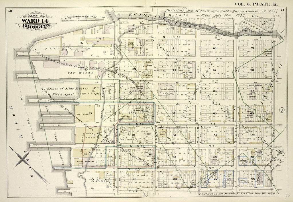Detail of Map bound by Bushwick Inlet, N.14th St., Fifth St., N.6th St., East River; Including Banker St., N.13th St., N.12th St., N.11th St., N.10th St., N.9th St., N.8th St., N.7th St., First St., Second St., Third St., Fourth St., New York by Anonymous