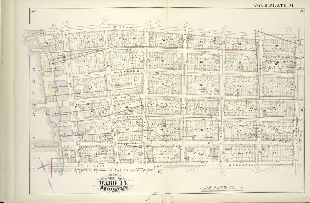 Detail of Map bound by Grand St., Seventh St., Broadway, S. Sixth St., East River; Including S. First St., S. Second St., S. Third St., S. Fourth St., S. Fifth St., River St., First St., Second St., Third St., Fourth St., Fifth St., Sixth St., New York by Anonymous