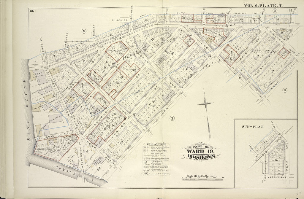 Detail of Map bound by First St., Second St., S.11th St., Third St., S.10th St., Fourth St., 5th St., 6th St., 7th St., 8th St., 9th St., Rodney St., Marcy Ave., Keap St., Lee Ave., Wilson St., Canal, East River; Including Division Ave., Rush St., New York by Anonymous