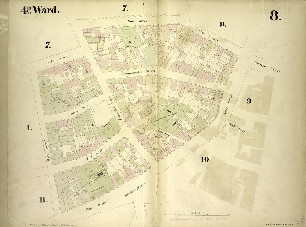 Detail of Map bounded by Gold Street, Frankfort Street, Rose Street, Madison Street, Pearl Street, Oak Street, Franklin Square, Ferry Street; Jacob Street, Vandewater Street, Cliff Street, New York by Anonymous