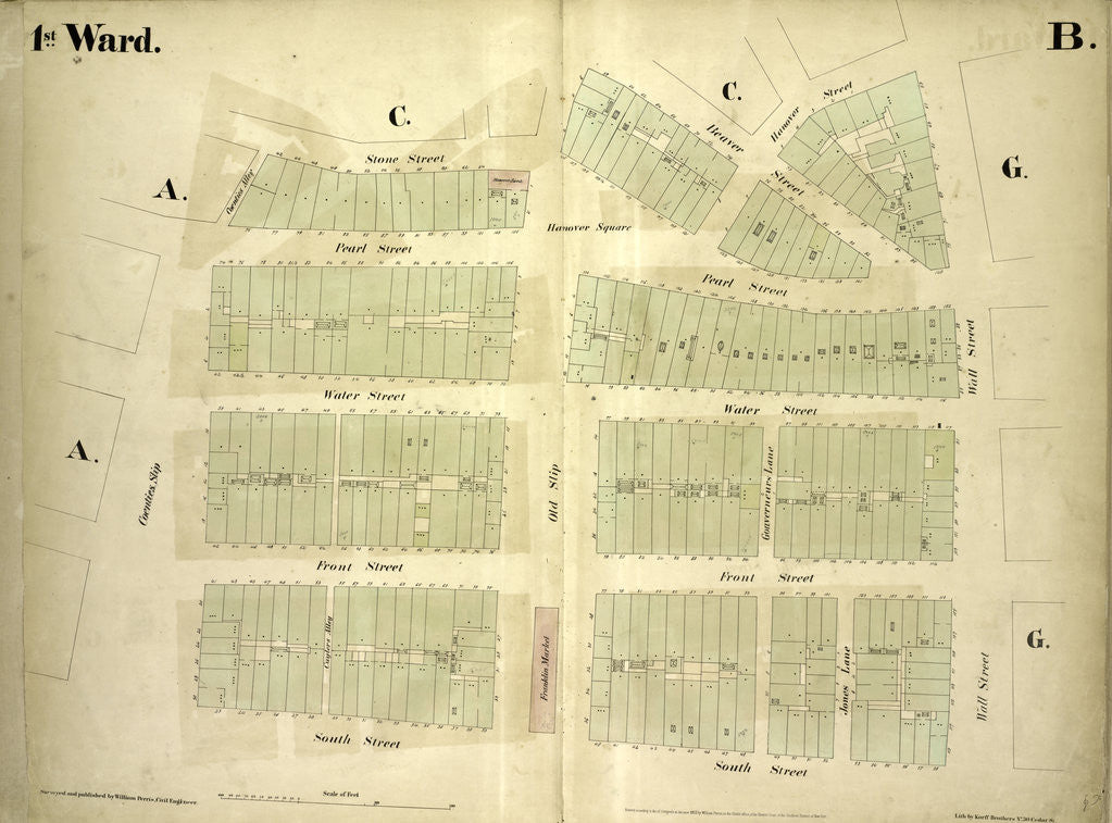 Detail of Map bounded by Stone Street, Beaver Street, Hanover Street, Wall Street, South Street, Coenties Slip; Including Pearl Street, Water Street, Front Street, Old Slip, Gouverneurs Lane, Jones Lane, New York by Anonymous
