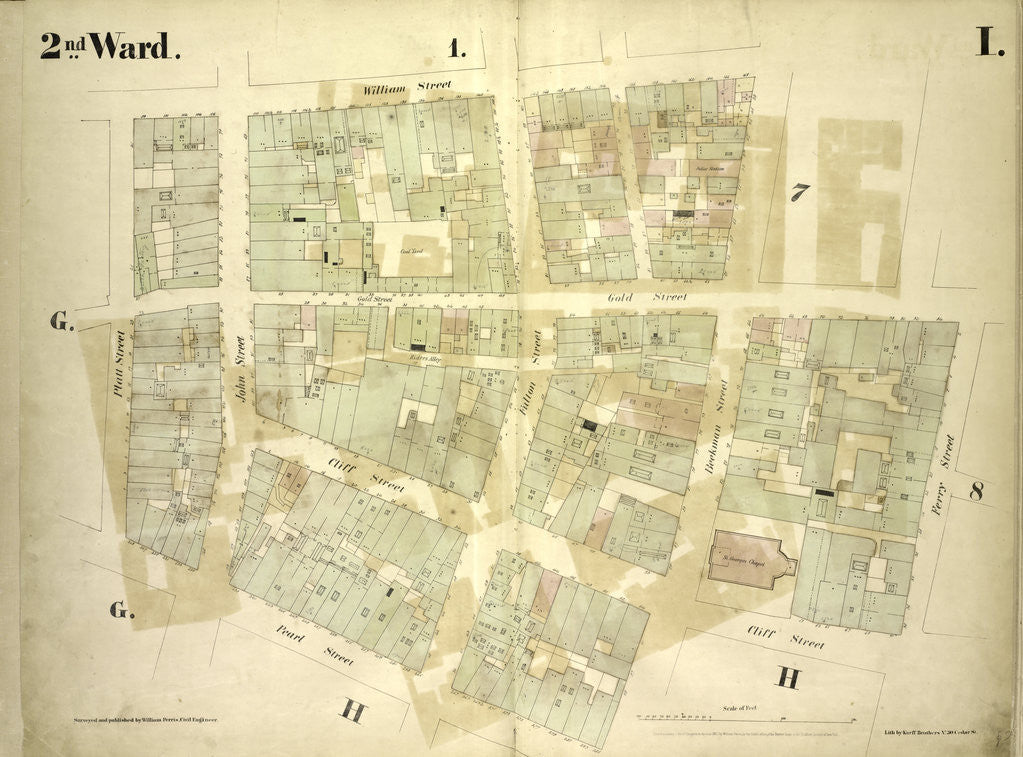 Detail of Map bounded by William Street, Beekman Street, Gold Street, Ferry Street, Cliff Street, Pearl Street, Platt Street; Including Riders Alley, Cliff Street, John Street, Fulton Street, New York by Anonymous