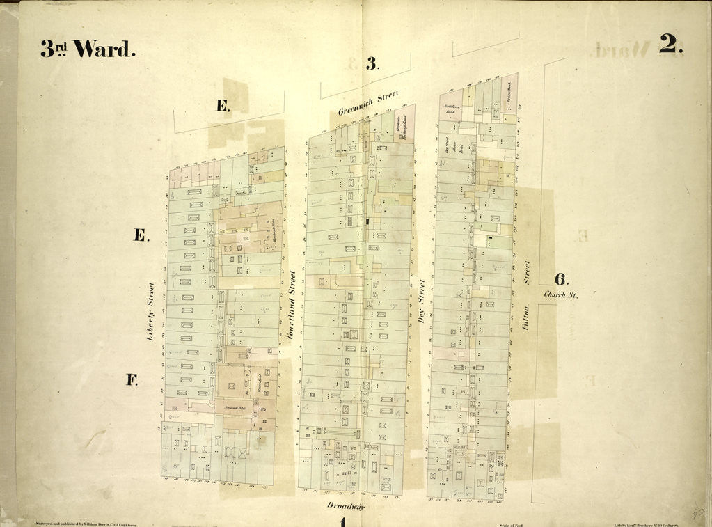 Detail of Map bounded by Greenwich Street, Fulton Street, Broadway, Liberty Street; Including Church St, Courtland Street, Dey Street, New York by Anonymous