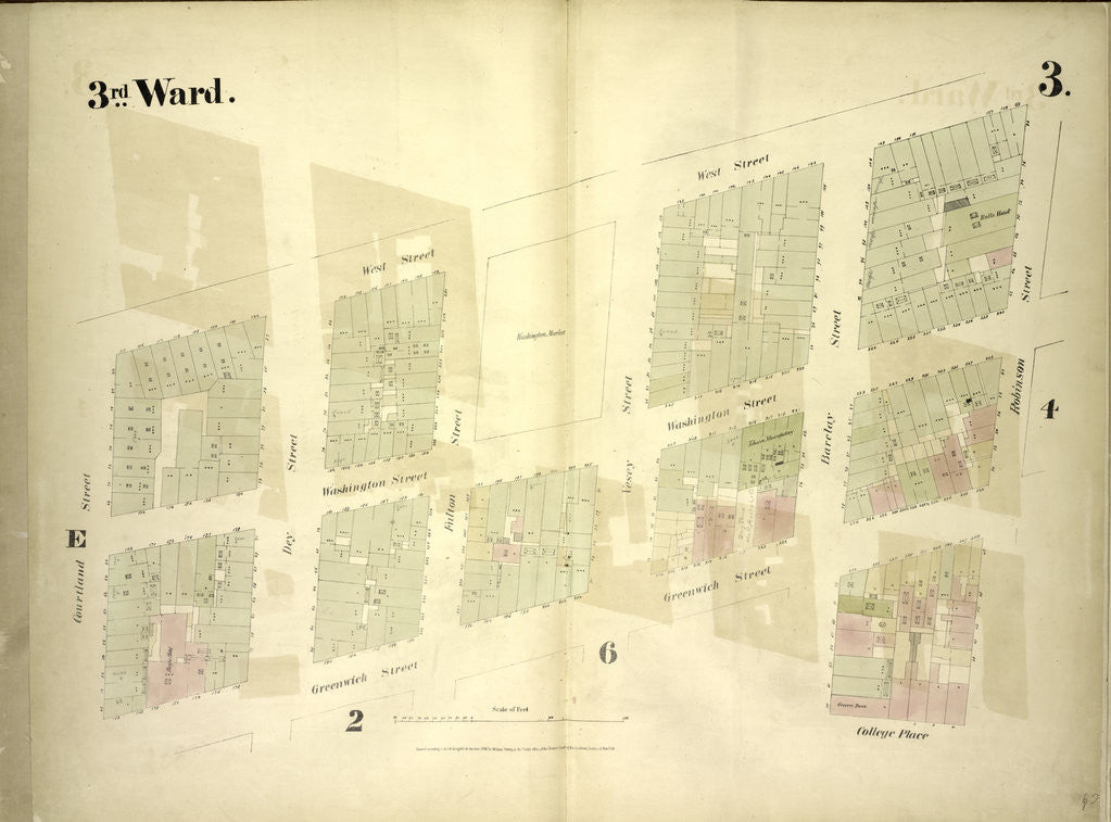 Detail of Map bounded by West Street, Robinson Street, College Place, Barclay Street, Greenwich Street, Courtland Street; Including Washington Street, Dey Street, Fulton Street, Vesey Street, New York by Anonymous