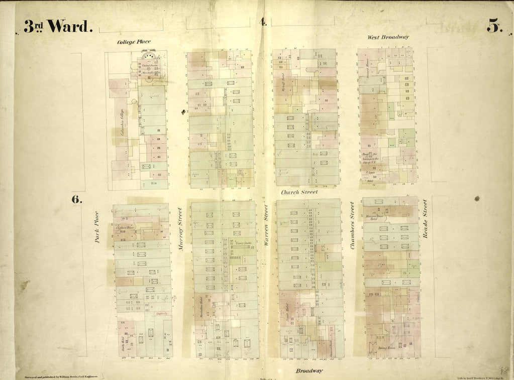 Detail of Map bounded by College Place, West Broadway, Reade Street, Broadway, Park Place; Including Church Street, Murray Street, Warren Street, Chambers Street, New York by Anonymous
