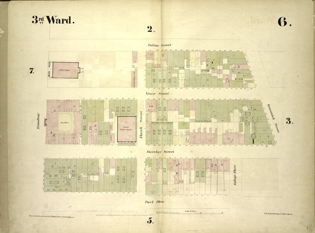 Detail of Map bounded by Fulton Street, Greenwich Street, Barclay Street, College Place, Park Place, Broadway; Including Vesey Street, Church Street, New York by Anonymous
