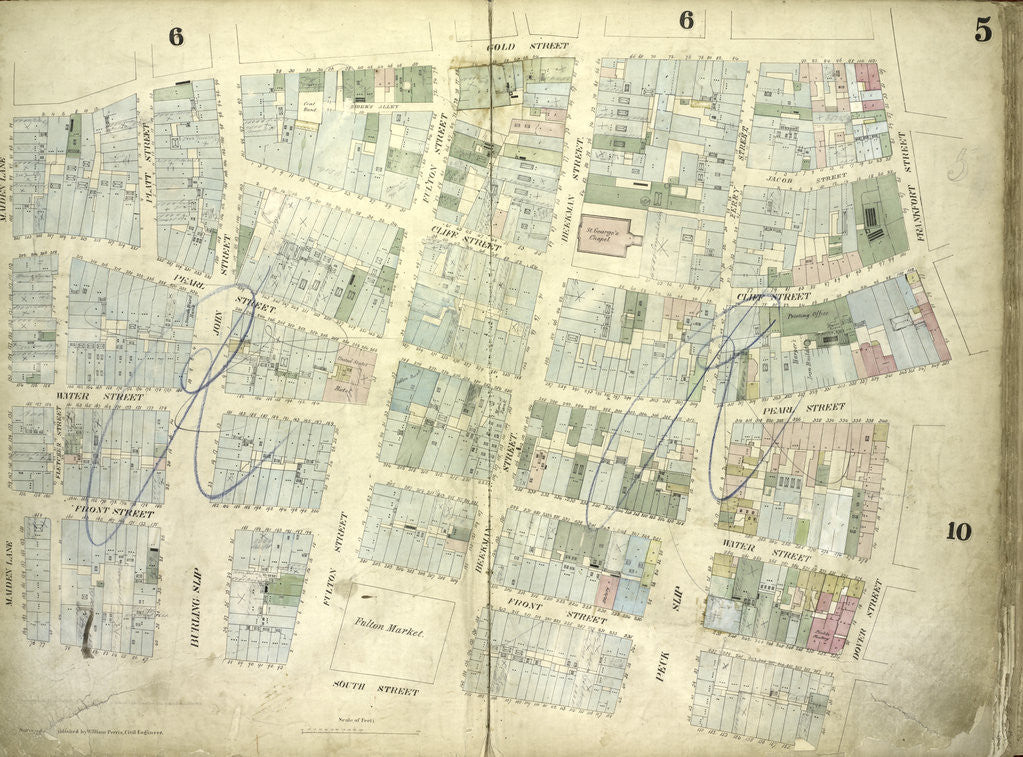 Detail of Map bounded by Gold Street, Frankfort Street, Dover Street, South Street, Maiden Lane; Including Riders Alley by Anonymous