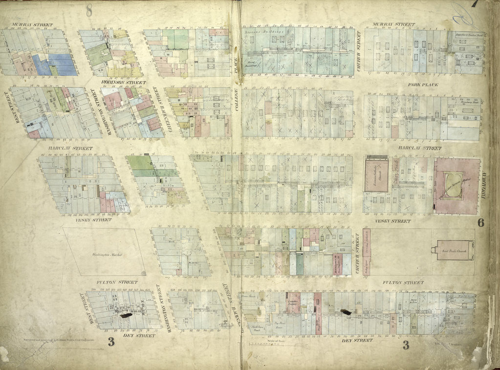 Detail of Map bounded by Murray Street, Broadway, Dey Street, West Street; Including Robinson Street, Park Place, Barclay Street, Vesey Street, Fulton Street, Washington Street, Greenwich Street, College Place, Church Street, New York by Anonymous