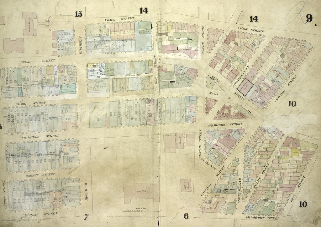 Detail of Map bounded by Pearl Street, Chatham Street, Chambers Street, Rose Street, Frankfort Street, Murray Street, Church Street; Including Duane Street, City - Hall Place, Reade Street, Warren Street, Broadway, Elm Street, Centre Street, New York by Anonymous