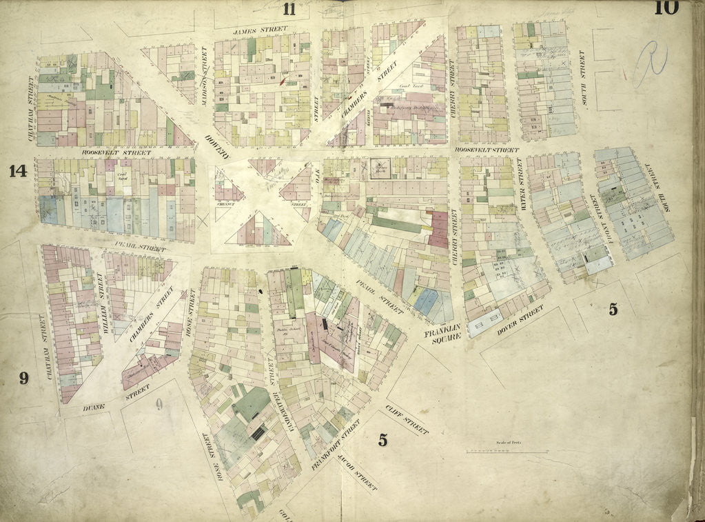 Detail of Map bounded by James Street, South Street, Dover Street, Rose Street, Duane Street, Chatham Street; Including Roosevelt Street, Chesnut Street, Pearl Street, Franklin Square, Bowery, Chambers Street, Cliff Street by Anonymous
