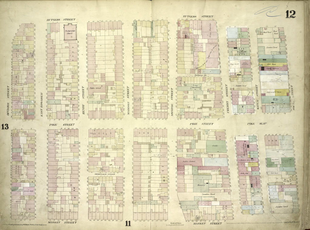 Detail of Map bounded by Rutgers Street, South Street, Market Street, Division Street; Including Pelham St, Pike Street, Pike Slip, Birmingham Street Mechanic's Street, East Broadway, Henry Street, Madison Street, Monroe Street, Cherry Street, New York by Anonymous
