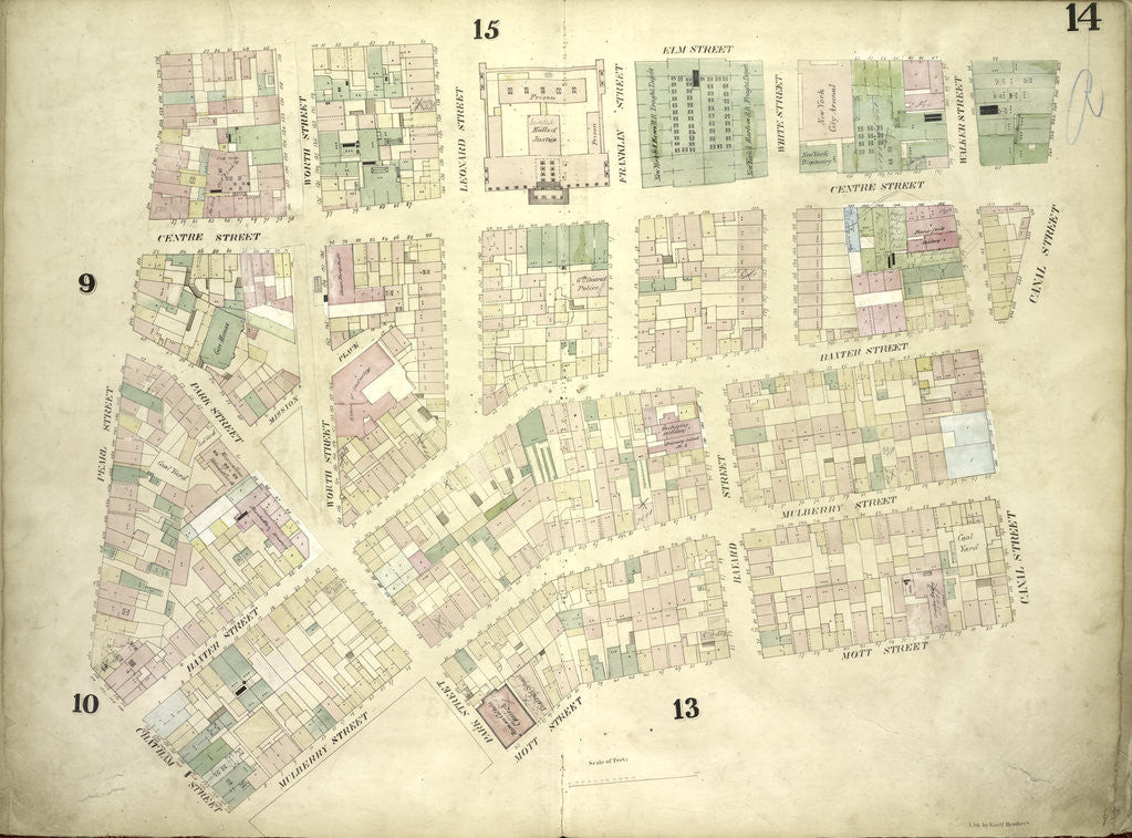 Detail of Map bounded by Elm Street, Canal Street, Mott Street, Park Street, Mulberry Street, Chatham Street, Pearl Street; Including Centre Street, Park Street, Mission Place, Baxter Street, Mulberry Street, Worth Street by Anonymous