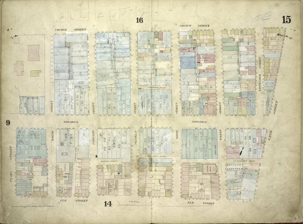 Detail of Map bounded by Church Street, Canal Street, Elm Street, Pearl Street; Including Franklyn Place, Broadway, Benson Street, Courtlandt Alley, Worth Street by Anonymous