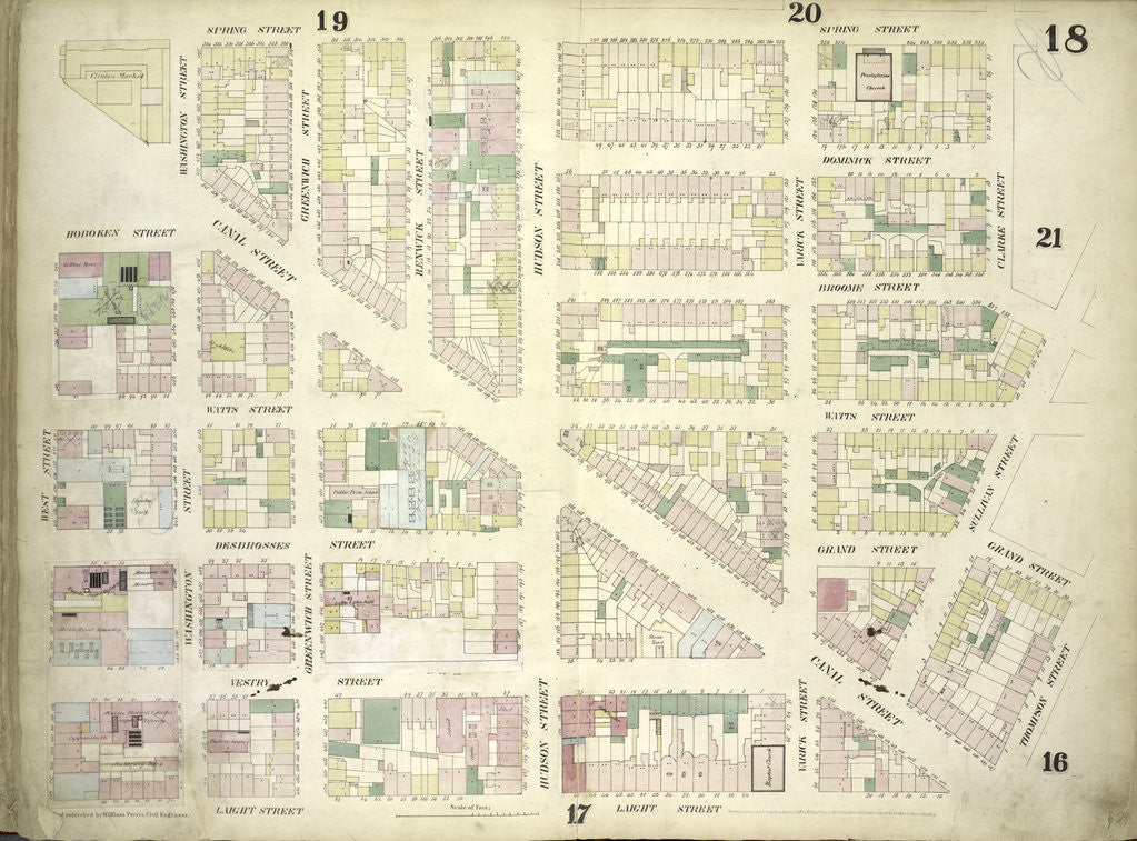 Detail of Map bounded by Spring Street, Clarke Street, Sullivan Street, Grand Street, Thompson Street, Laight Street, West Street; Including Canal Street, Dominick Street, Broome Street, Watts Street, Desbrosses Street, Grand Street, New York by Anonymous