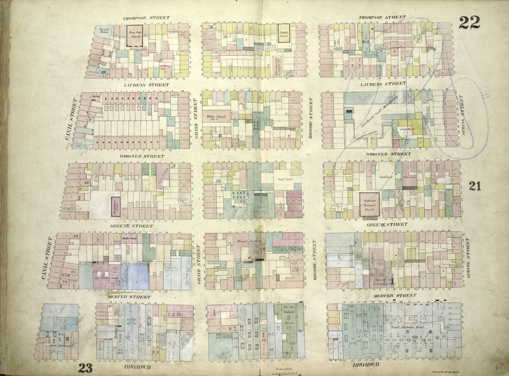 Detail of Map bounded by Thompson Street, Spring Street, Broadway, Canal Street; Including Laurens Street, Wooster Street, Greene Street, Mercer Street, Grand Street, Broome Street, New York by Anonymous