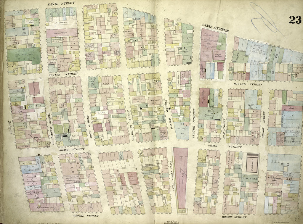 Detail of Map bounded by Canal Street, Broadway, Broome Street, Bowery; Including Hester Street, Howard Street, Grand Street, Elizabeth Street, Mott Street, Mulberry Street, Baxter Street, Centre Market Place, Centre Street, Elm Street, New York by Anonymous