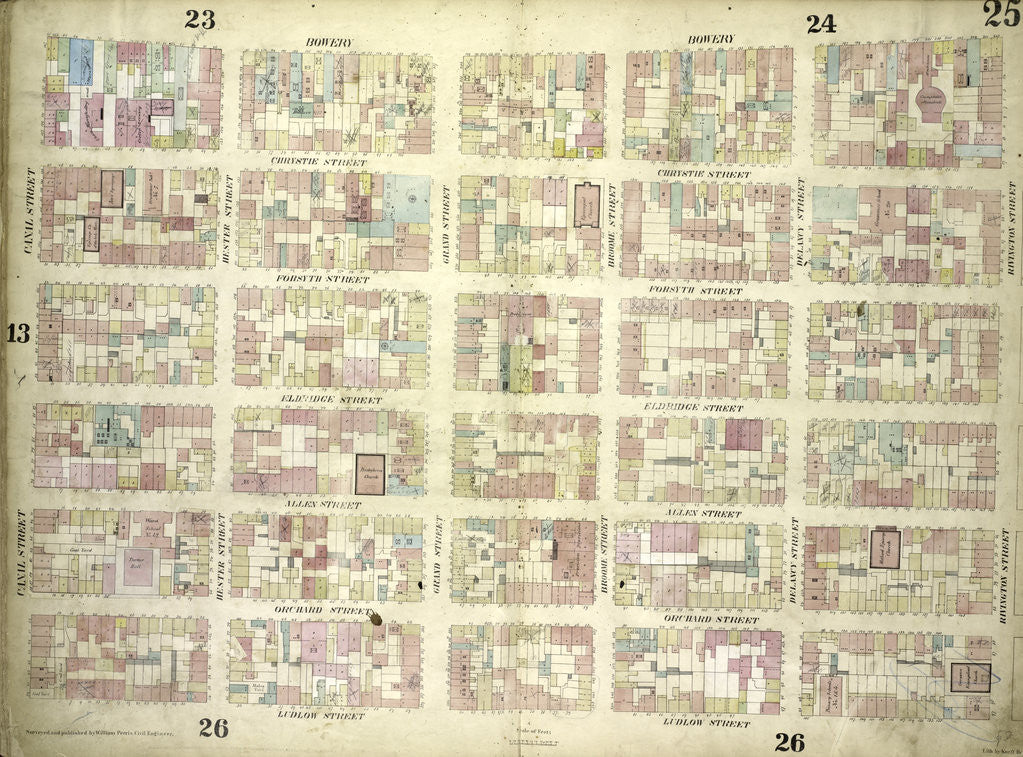 Detail of Map bounded by Bowery, Rivington Street, Ludlow Street, Canal Street; Including Chrystie Street, Forsyth Street, Eldridge Street, Allen Street, Orchard Street, Hester Street, Grand Street, Broome Street, Delancy Street, New York by Anonymous