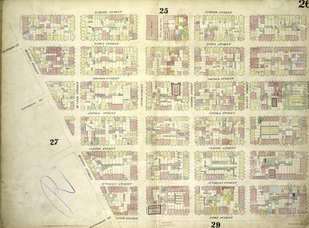 Detail of Map bounded by Ludlow Street, Rivington Street, Ridge Street, Division Street; Including Rutgers St, Essex Street, Norfolk Street, Jefferson St, Suffolk Street, Clinton Street, Attorney Street, Montgomery St, Grand Street, Broome, New York by Anonymous