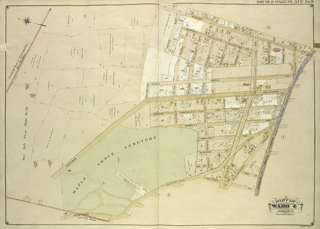 Detail of Map bounded by Kaplan Ave., Pette Ave., Jeffrey Ave., Hutton Ave., Maple Ave., Haffman Blvd., Sussman Ave., Jefferson Ave., Barrett Ave., Vanderbilt Ave., Keystone Ave., Oak., New York by Anonymous