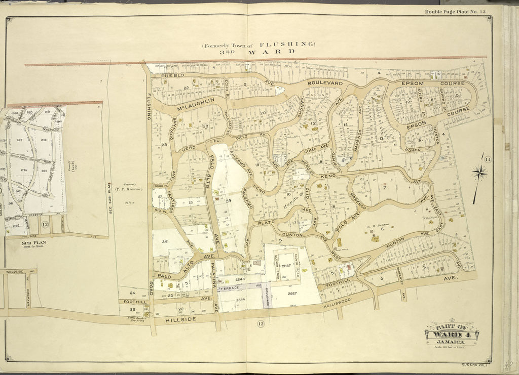 Detail of Map bounded by Pueblo Ave., Mc. Laughlin, Flushing Road, Boulevard, Epsom Course, Palermo Ave., Santiago Ave., Cato Ave., Palo Alto, New York by Anonymous