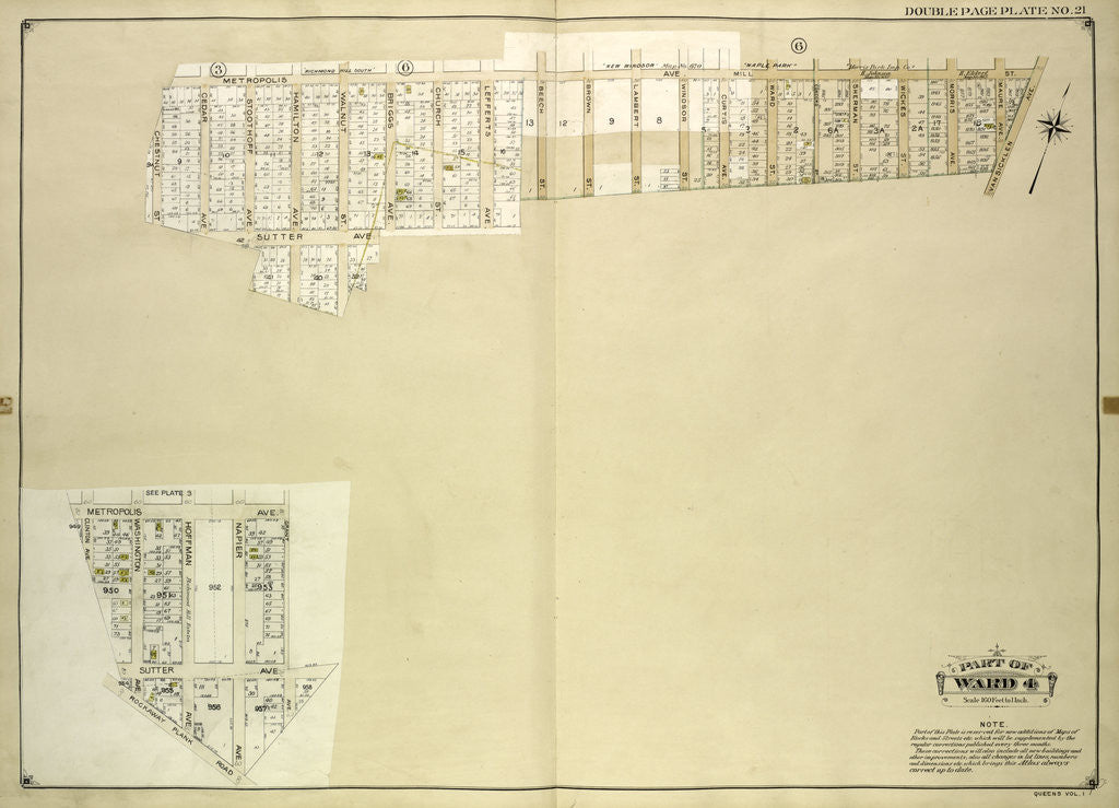 Detail of Map bounded by Metropolis Ave., Mill St., Vansicklen Ave., Sutter Ave., Chestnut St; Including Metropolis Ave., Grant Ave., Rockaway Plank Road, Clinton Ave; Sub Plan From Plate, New York by Anonymous