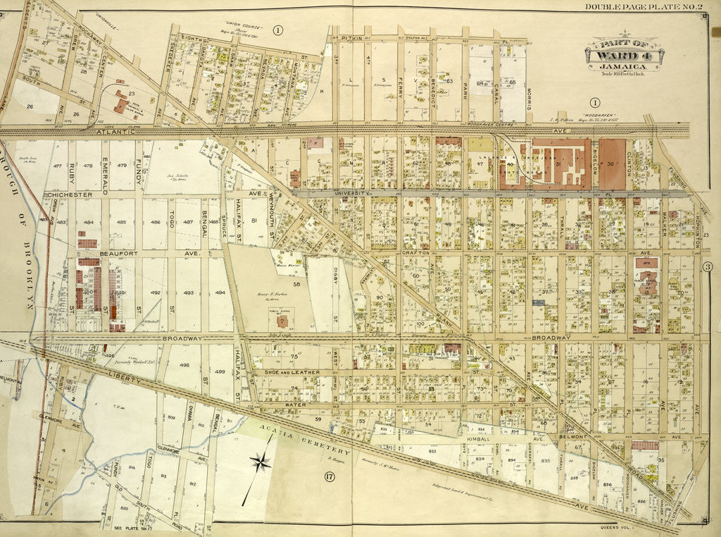 Detail of Map bounded by Borough of Brooklyn, Elderst Lane, Drew Ave., Center Ave., Snedeker Ave., Rockaway Plank Road, Dakota Ave., Shaw Ave., Nevada Ave., Montana Ave., Fulton Ave., New York by Anonymous