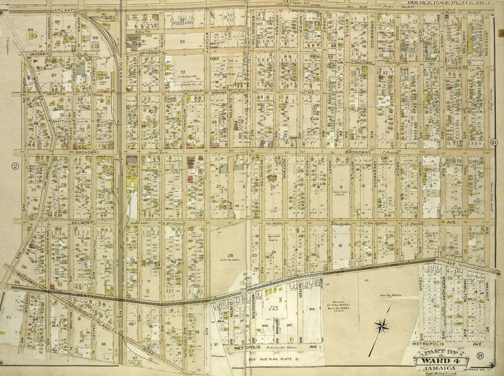 Detail of Map bounded by Atlantic Ave., Napier Ave., Ocean Ave., Hopkinton Ave., Woodhaven Ave., Flushing Ave., Grafton Ave., Hatch Ave., Shattuck Ave., Oakley Ave., Lawn Ave., Union Ave., New York by Anonymous