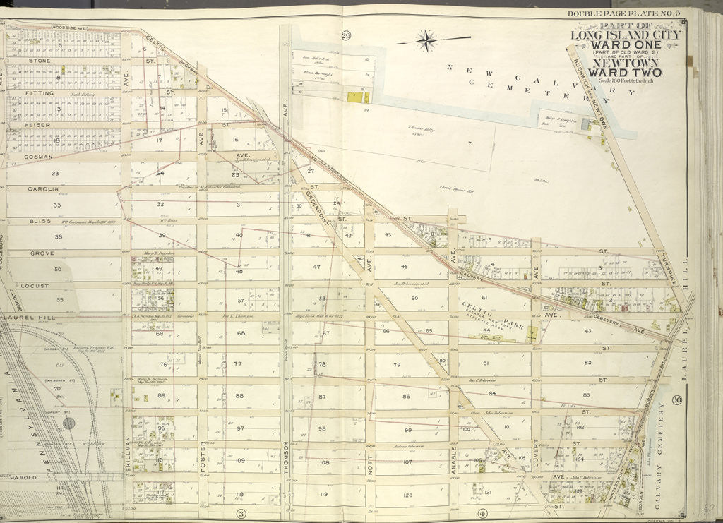 Detail of Map bounded by Woodside Ave., Celtic Ave. Highway to Calvary Cemetery, Thomson Ave; Including Greenpoint Ave., Bushwick., New York by Anonymous