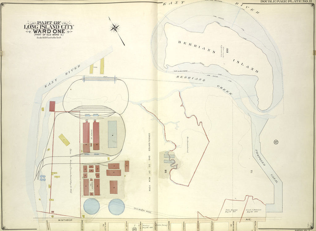 Detail of Map bounded by East River, Berrians Island, Berrians Creek, Proposed Canal, Rapelje Ave., Debevoise Ave., Lawrence St., chauncey St., Goodric., New York by Anonymous