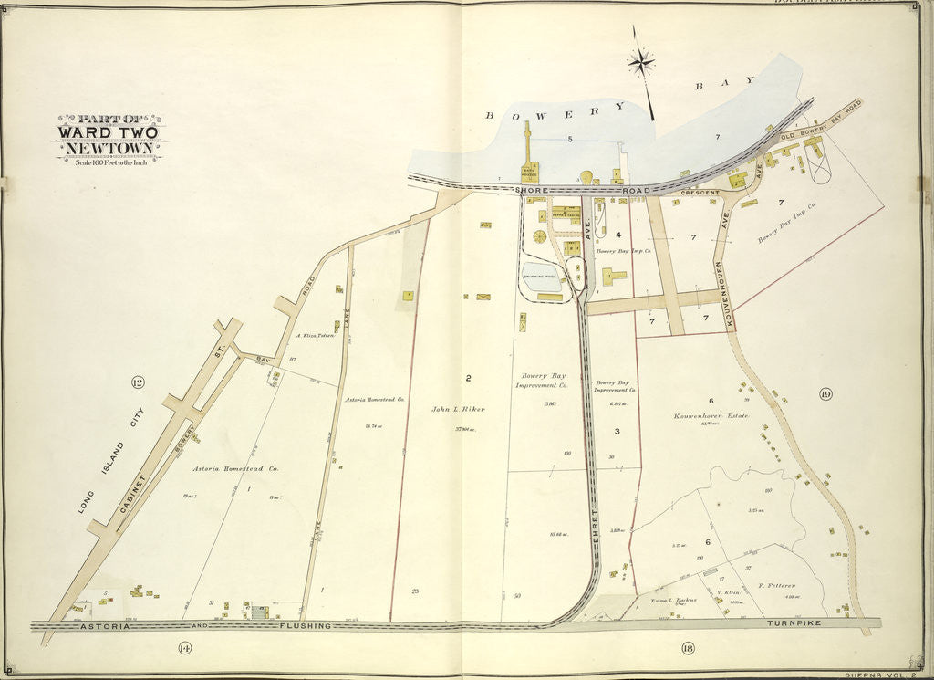 Detail of Map bounded by Long Island City, Cabinet St., Bowery Bay Road, Shore Road; Including Old Bowery Bay Road, Kouvenhoven Ave., Astoria and Flushing Turnpike, New York by Anonymous