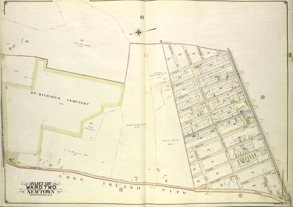 Detail of Map bounded by Hunter PL., Charlotte Ave., Newtown PL; Including Jackson Ave., Bowery Bay Road, Astoria and Flushing Turnpike, New York by Anonymous