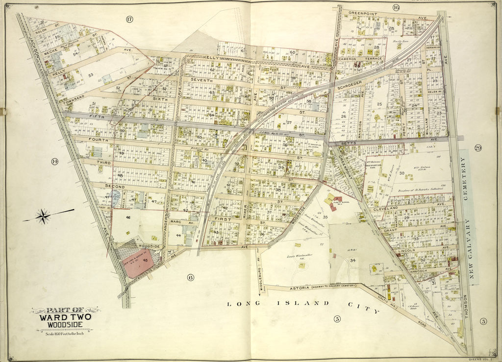 Detail of Map bounded by Kelly Ave., Woodside Ave., Greepoint Ave., Thomson Ave; Including Astoria Road Highway to Calvary Cemetery Celtic Ave., Middleburg Ave., Jackson Ave., New York by Anonymous