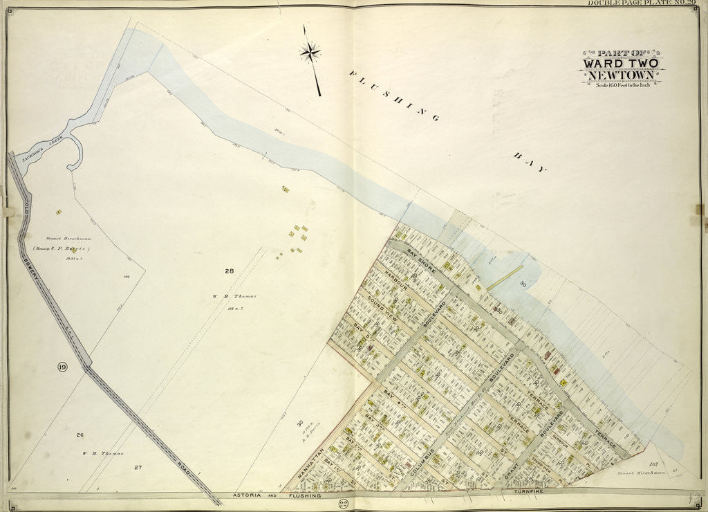 Detail of Map bounded by Flushing Bay, Bay Shore Terrace, Harbour PL; Including Sound View PL., Astoria and Flushing Turnpike, Old Bowery Road, Jackson's Creek, New York by Anonymous