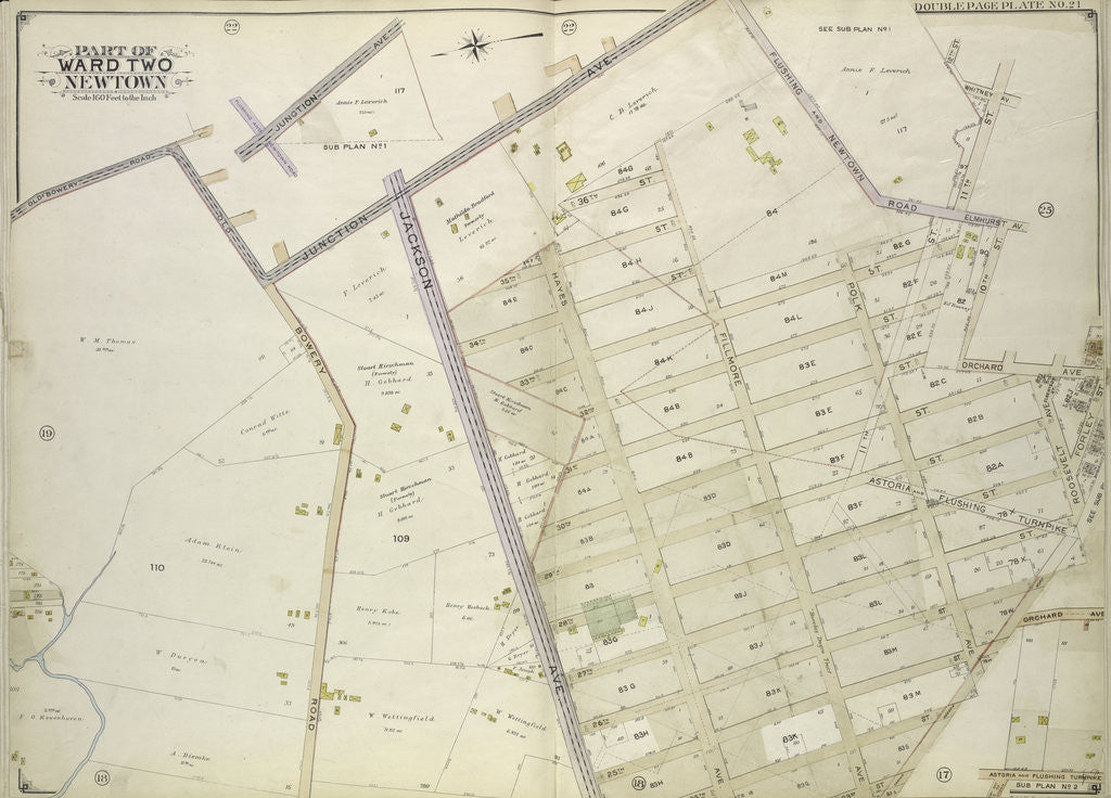 Detail of Map bounded by Flushing and Newtown Road; Including Junction Ave; Part of Ward Two Newtown; Old Bowery Road, Old Junction Ave., Flushing and Newtown Road, 12th St., Whitney Ave., 11th., New York by Anonymous