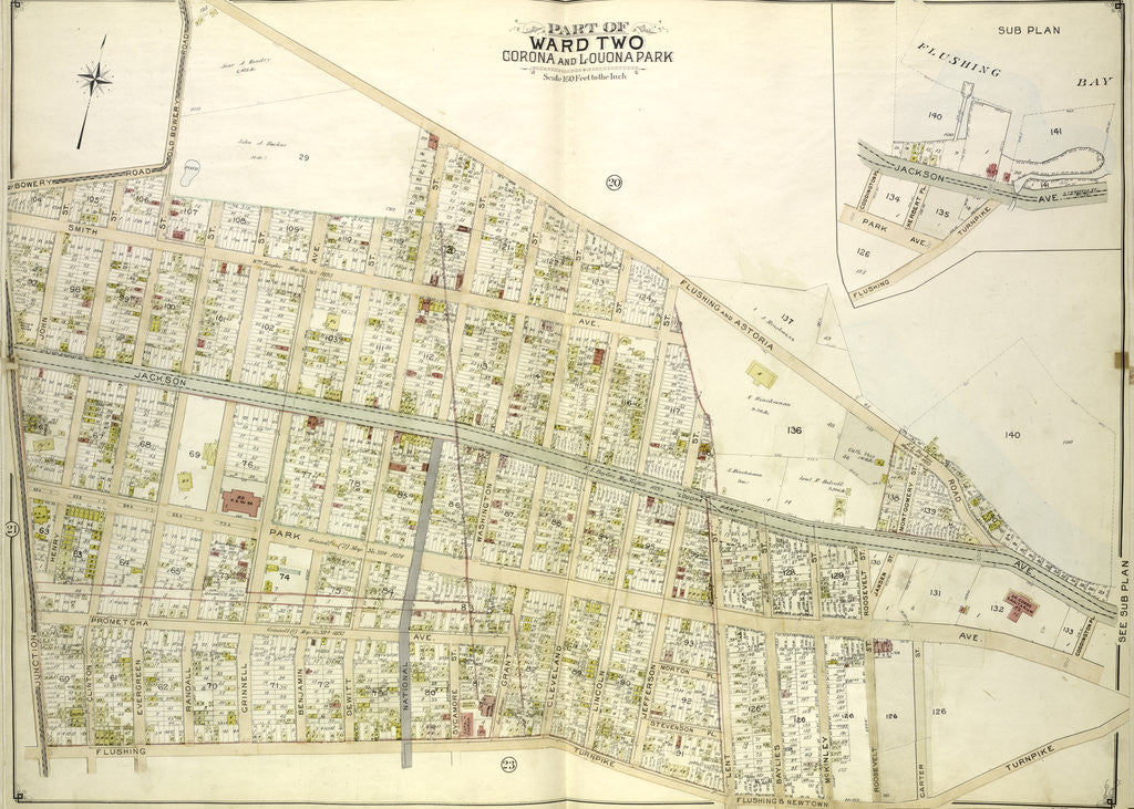 Detail of Map bounded by Bowery Road, Old Bowery Road, Flushing and Astoria Road, Jackson Ave., Coddington PL; Including Park Ave., Flushing and Newtown Turnpike, Lent., New York by Anonymous