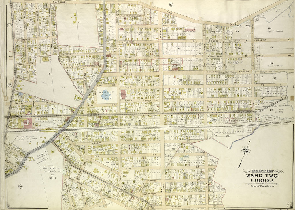 Detail of Map bounded by Flushing Plank Road, Peartree Summit Ave., Meadow St., Apple St., Grand Ave. Roosevelt St., Lake St., Park St., Rail Road Ave., Willow St., New Ave., Oak St., New York by Anonymous