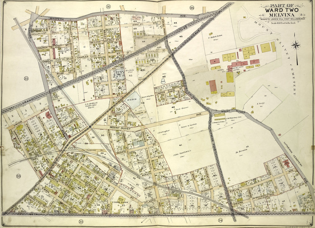 Detail of Map bounded by Maspeth Ave., Grand St., Flushing Ave., Fresh Pond Road, Including Mount Olivet Ave., Metropolitan Ave., Grarrison Ave., New York by Anonymous
