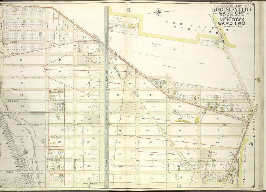 Detail of Map bounded by Middleburg Ave., Woodside Ave., Celtic Highway to Calvary Cemetery Ave., Bushwick and Newtown Turnpike, New York by Anonymous