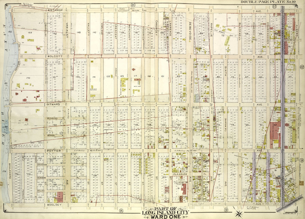 Detail of Map bounded by Boulevard, Winthrop Ave., Wolcott Ave., Ditmars Ave., Potter Ave., Woolsey Ave., Flushing Ave., Nassau Ave., Frankfort Ave., Steinw., New York by Anonymous