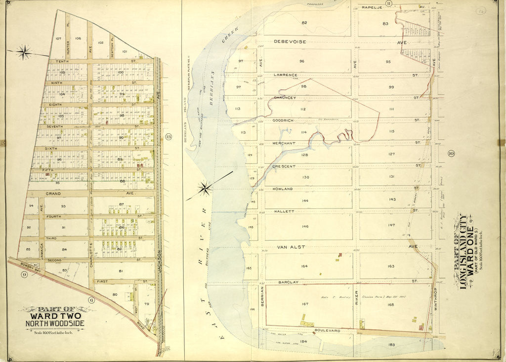 Detail of Map bounded by Bowery Road, Jackson Ave., Newtown PL., Hunter PL., 10th St., 9th St., 8th St., 7th St., 6th St., 5th St; Including Grand Ave., Jamaica Ave., New York by Anonymous