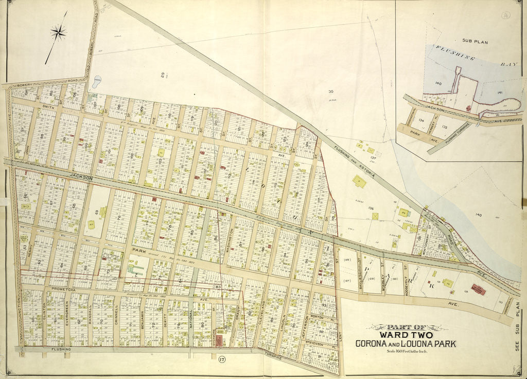 Detail of Map bounded by Old Bowery Road, Flushing and Astoria Road, Coddington PL; Including Park Ave., Lent St., Flushing Turnpike, Junction Ave; Sub Plan, New York by Anonymous